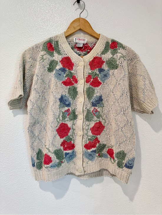 Orvis Sweaters - Vintage Orvis Silk Cotton Floral Embroidered Chunky Knit Short Sleeve Cardigan M